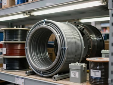 Close-up head-on view of electrical conduit coils, wire spools, and junction boxes organized on warehouse shelving, bright fluorescent lighting, product labels and gauge markings visible, no people