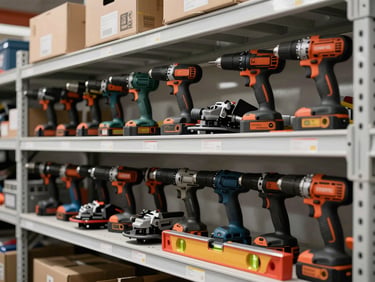 Head-on warehouse shelf view of construction hand tools and power tools — drills, grinders, levels, and wrenches organized by type, bright fluorescent lighting, tool grade labels visible, no people