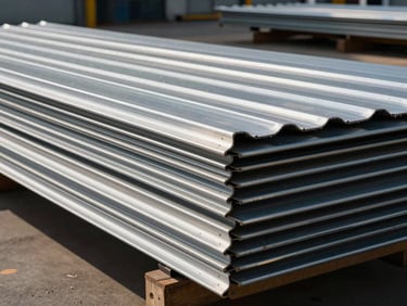 Head-on shot of metal roofing sheets stacked flat on loading dock, corrugated profile visible, gauge markings on edge, warehouse fluorescent light with steel-silver edge reflection