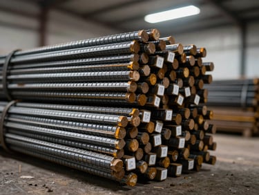 Head-on close-up of bundled steel rebar stacked in a warehouse bay, grade tags visible on the ends, steel-silver accent lighting on bar edges, bright fluorescent overhead, no people