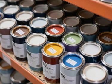 Overhead close-up of paint cans stacked in rows on warehouse shelving, lids showing color codes and sheen labels, bright even fluorescent lighting