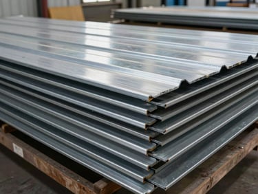 Head-on shot of stacked metal roofing sheets and corrugated panels in a warehouse loading bay, material gauge and finish visible on edges, steel-silver accent light on panel surfaces, bright fluorescent overhead, no people