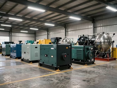 Wide-angle warehouse floor shot of heavy industrial equipment — compactors, generators, and mixers parked in organized rows under bright fluorescent lighting, neutral angle showing equipment scale, no people
