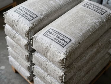 Close-up overhead shot of stacked cement bags showing grade label and batch number, bright warehouse fluorescent light, concrete floor visible at edge