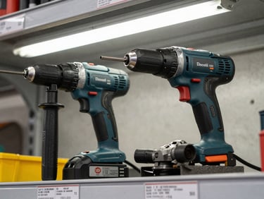 Close-up of power drill and angle grinder side by side on a warehouse shelf, bright fluorescent overhead lighting, product labels and spec plates clearly visible, neutral concrete background