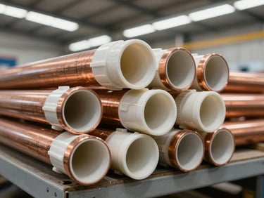 Head-on shot of PVC and copper pipe sections stacked horizontally on warehouse racking, clear size markings visible, bright even fluorescent light