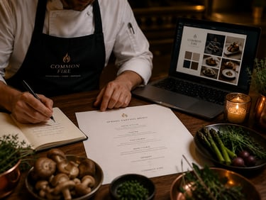 Chef planning menu development and hospitality consulting for a restaurant business.