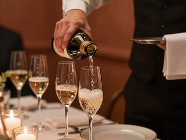 Champagne being served during a corporate dining event and business reception.