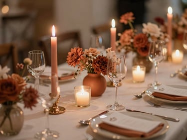 Elegant wedding dining table with candlelight, floral décor and luxury place settings.