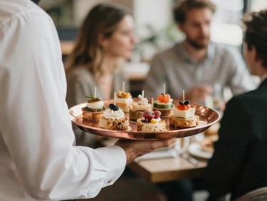 Chef serving handcrafted canapés during a stylish drinks reception and corporate event.