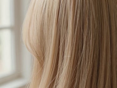 Elegant close-up of glossy, healthy hair strands reflecting soft warm light, shallow depth of field