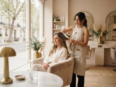 Warm editorial photography of a bright, sophisticated salon interior with soft natural window light, elegant nude and gold tones, shallow depth of field.