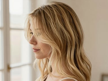 Macro shot of hand styling beautifully blended blonde balayage highlights, warm natural light, elegant nude background