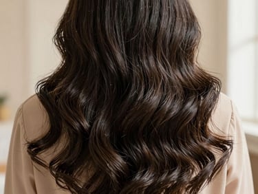 Close-up of long, voluminous dark hair with high shine and seamless texture, soft studio lighting