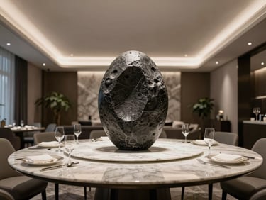 A high-end architectural dining room, a dark stone sculpture visualized on a marble table via a clean digital interface.