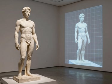 A split view showing a physical sculpture on the left and its digital scale projection on a minimalist gallery wall, technical grid lines