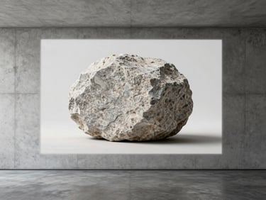 Minimalist interior with a concrete wall, showing a digital projection frame mapping a large textured stone sculpture in place, clean architectural lines.