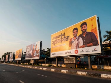 Wide-angle environmental shot of Mumbai's Marine Drive at golden hour, showcasing prominent physical advertising billboards with rich saturated tones.