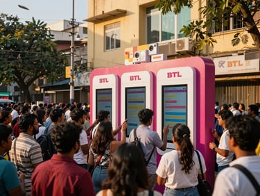 Vibrant BTL ground activation in Bangalore with a crowd engaging with an interactive brand kiosk under bright golden hour light, cinematic lens.