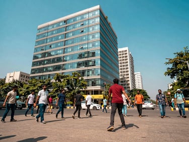 Dynamic BTL ground activation in a Bangalore tech park, real human engagement under bright daylight, vibrant editorial photography.