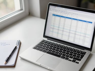 Overhead view of a laptop showing a spreadsheet with advertising performance data and a notepad with handwritten notes beside it, natural window light from the left, shallow depth of field, clean desk surface