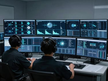Security operations center monitors displaying tactical telemetry data, high-contrast cool slate tones.