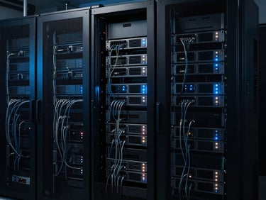 Server racks with clean cabling and blinking indicator lights, low-key dramatic lighting.