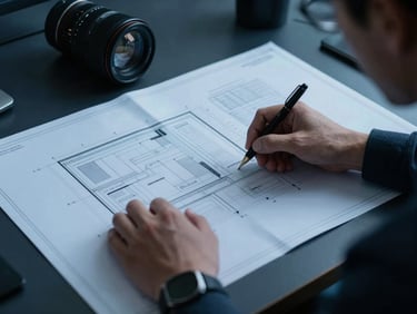 Close-up of a cybersecurity consultant analyzing site blueprints on a dark table, cool blue lighting.