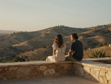 Intimate wide shot — a couple sitting on the edge of a sun-warmed terrace overlooking a dry hillside, leaning close in quiet conversation, golden afternoon light, warm stone and earth tones, cinematic stillness