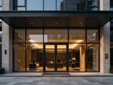 Sophisticated modern glass entrance, clean lines, minimalist architectural detail, low-key lighting