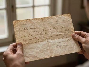 Hands holding a delicate historic handwritten letter, old paper texture, natural window light, sepia tones, documentary style