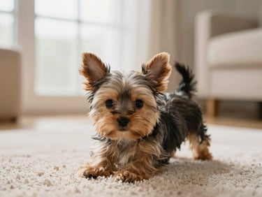 Close-up of a fluffy teacup Yorkie puppy playing on a soft rug in a cozy home, warm diffused light, shallow depth of field.
