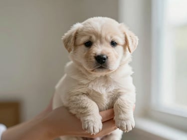 Human hands gently holding a small puppy, soft focus, warm light, shallow depth of field.