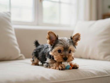 Close-up of a tiny teacup Yorkie puppy playing with a small toy in a cozy, cream-toned living room, soft diffused window light, shallow depth of field.