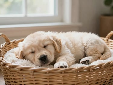Medium shot of a Golden Retriever puppy sleeping peacefully in a wicker basket, soft natural sunlight, cozy home environment, shallow depth of field.