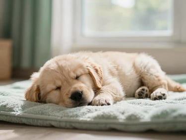 Medium shot of a Golden Retriever puppy sleeping peacefully on a soft blanket in a sunlit home, warm natural light, shallow depth of field, sage green accents.