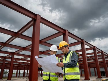 Engineers in safety vests reviewing blueprints against a backdrop of rising structural steel beams under a dramatic overcast sky