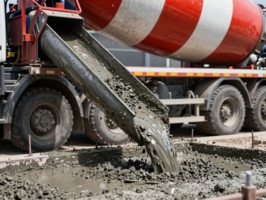 Close-up of fresh concrete pouring from a mixer truck chute into a foundation formwork, wet texture, sharp focus, industrial setting