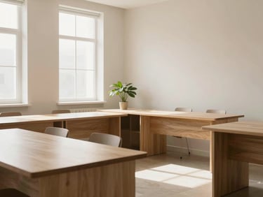 A wide, balanced environmental shot of a calm, minimalist workspace with clean wooden desks, soft diffused natural daylight pouring in from a window, and a single green plant.