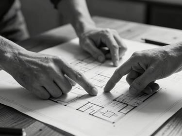Candid close-up of hands pointing at a printed architectural blueprint on a wooden table, hard directional light, deep shadows, black and white