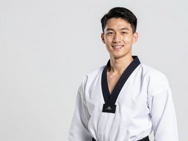 A professional headshot of a male Taekwondo master with a black belt, wearing a clean white dobok, smiling confidently, studio lighting, 50mm