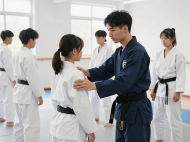 A master coach offering hands-on form correction to a class of disciplined students in white uniforms, bright daylight-flooded dojang.