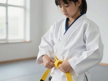 Close-up of a focused young student tying a yellow belt, pristine white dobok, clean modern dojang interior, bright natural fill light.