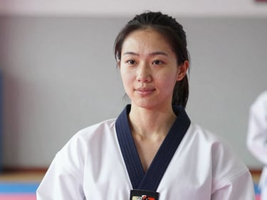 A professional headshot of a female Taekwondo instructor, wearing a clean white dobok, warm friendly expression, bright natural daylight, 50mm