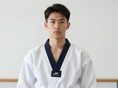A professional headshot of a young male Taekwondo coach in a white dobok, focused and determined expression, clean studio background, 50mm