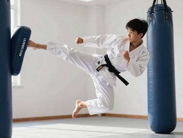 A focused student in mid-air executing a side kick against a training pad, crisp white dobok, bright natural light.