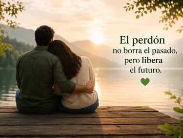 Una pareja se abraza en un muelle al atardecer con una cita inspiradora en español sobre el perdón.