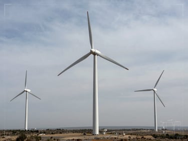 Extreme wide-angle architectural shot of high-altitude wind turbines on a flat coastal plain, overcast daylight, technical blueprint aesthetic.