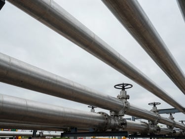 Extreme wide-angle architectural shot of clean industrial gas pipelines, overcast daylight, desaturated technical tones.