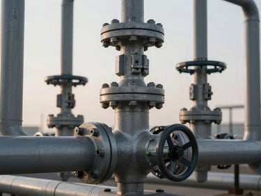 Clean architectural gas pipeline manifold, industrial steel valves, crisp morning light, desaturated slate grey.